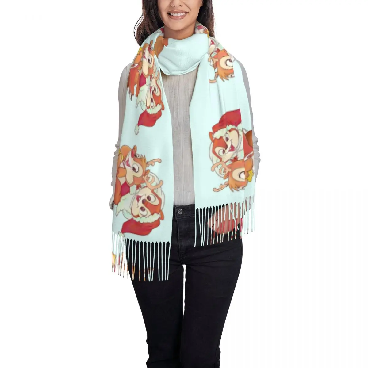 Custom Chip 'n' Dale Cartoon Scarf Wrap for Women Long Winter Fall Warm Tassel Shawl Unisex Scarves