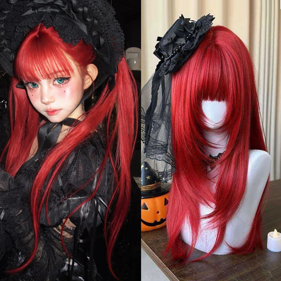 Red Synthetic Wigs for Cosplay Long Straight Layered Wigs with Bangs Halloween Costume Party Women Wig Heat Resistant Fake Hair