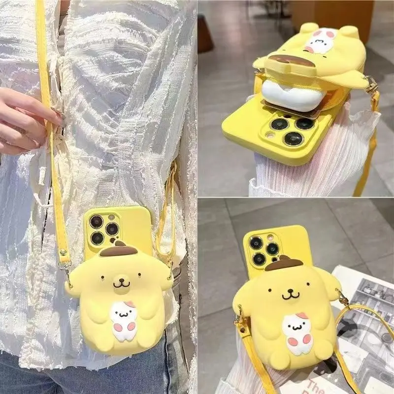 

Kawaii PomPomPurin Sanrio Cute Silicone Phone Case Zero Wallet IPhone Diagonal Phone Case Student Birthday Gifts for Girls