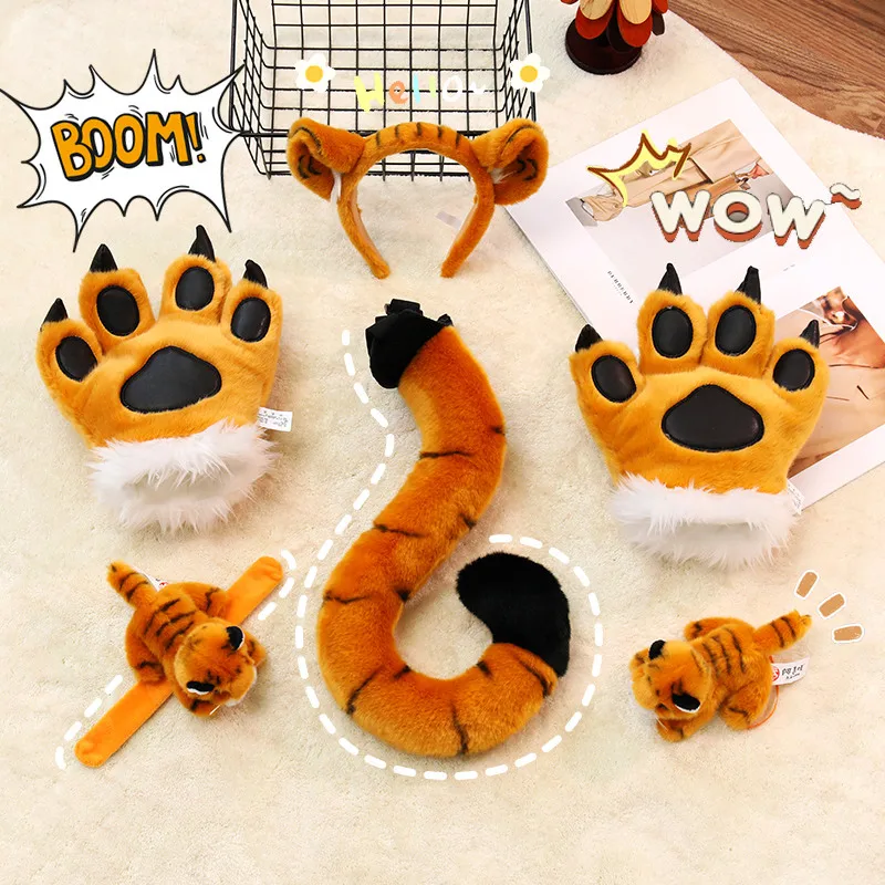 Adorable Simulated Plush Tiger Claw Tail Hairband Stage Performance Props Cute Zoo Props Children's Gift Stuffed Doll