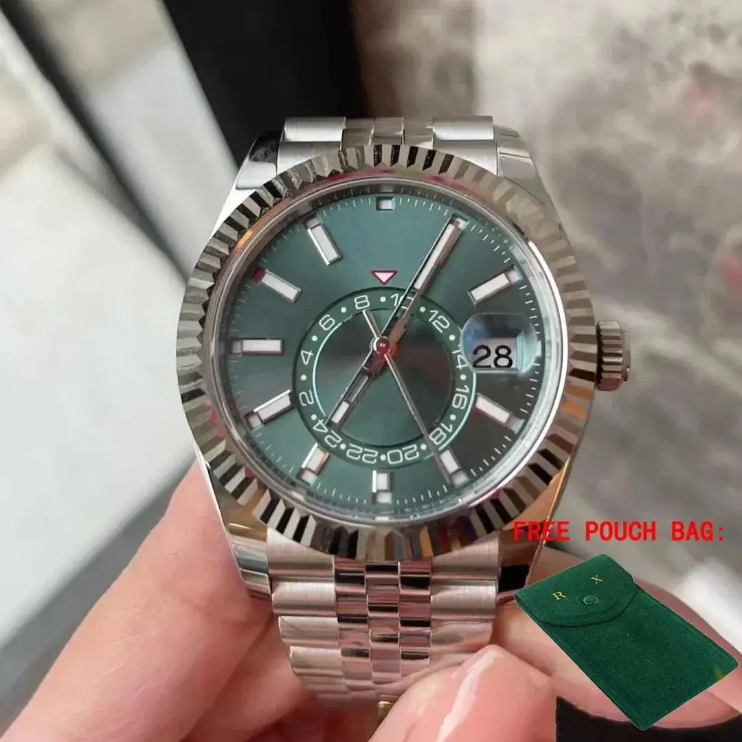 Luxury New Automatic Watch for Men Mechanical Watches Stainless Steel Green Black Calendar Skye Blue Dwellers Display Dual Time