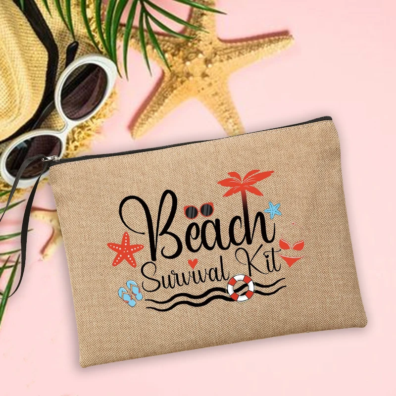 

Women Makeup Bags Beach Holiday Sunglasses Sunscreen Storage Pouches Travel Wash Organizer Gifts Beach Please Linen Clutch Bag