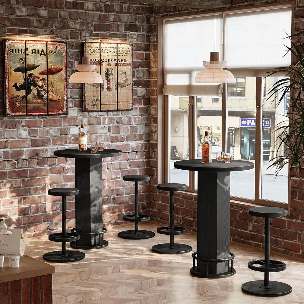 Kompaktowy 3-częściowy zestaw do jadalni dla dwojga, okrągły stół kuchenny z parą krzeseł, wysoki stół barowy w kolorze czarnym, kompaktowy stół pubowy do mieszkania.