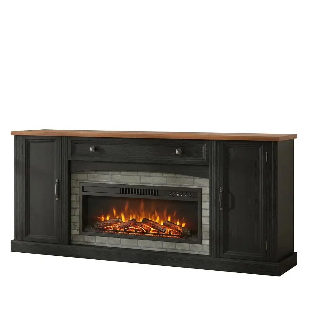 Electric Fireplace TV Stand 30 Inch Insert, Modern Farmhouse Media Console with Stacked Stone Walnut Finish, Entertainme