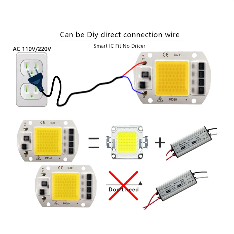 Perle de puce LED COB, 3000K, 6000K, 20W, 30W, 50W, AC 110V, 220V, IC intelligent, pas besoin de pilote, budgétaire d'ampoule LED bricolage, lampe extérieure