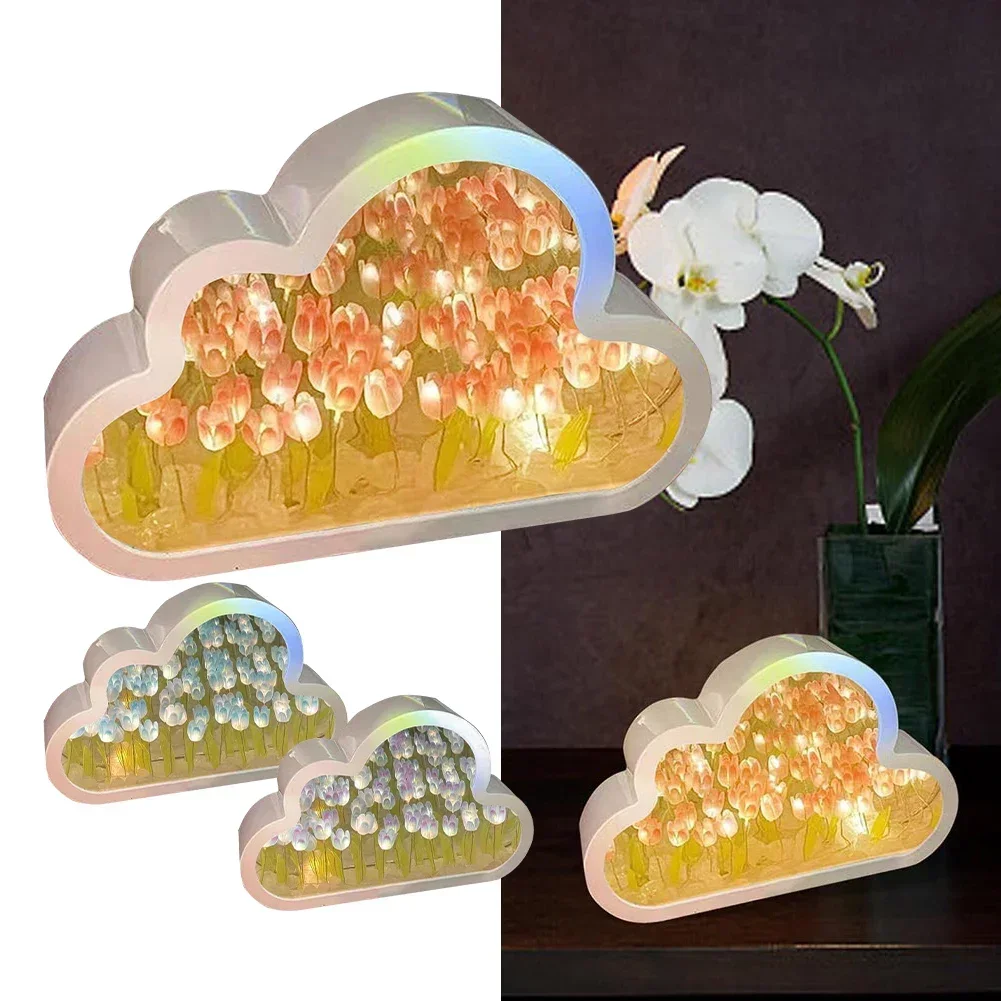 New ABS DIY Cloud Tulip LED Night Light Mirror Table Lamps Bedroom Ornaments Decoration Mirror Table Lamps Bedside Handmade Gift