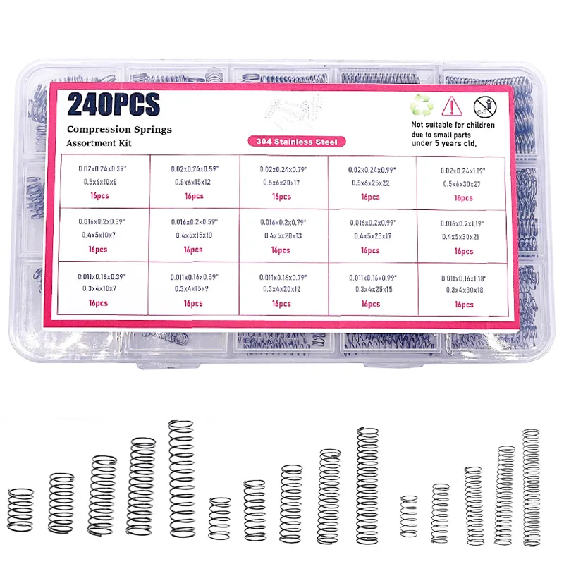 

240pcs compression spring assortment kit in 15 sizes stainless steel mini springs for repairs length from 0.39“ to 1.18”