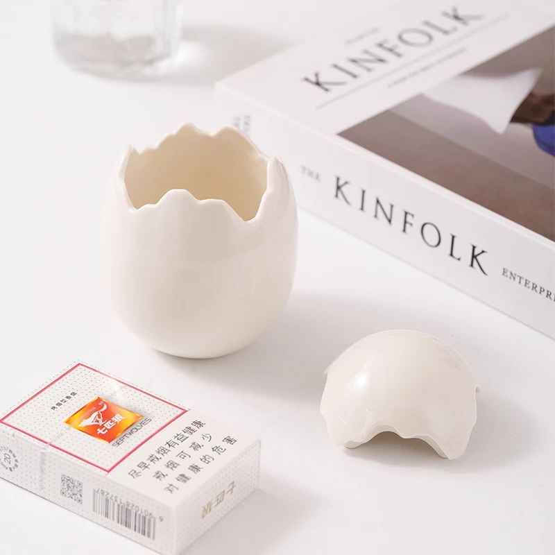 【Epeiushome】 Creative Ceramic Eggshell Ashtray Cotton Swab Toothpick Sundry Storage Pot Cute Nordic Ins Style