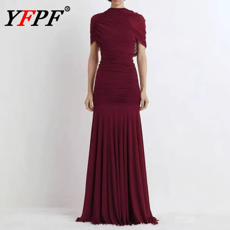 

YFPF Luxury Solid Pleated Long Dress For Women Elegant Short Sleeve High Waist Slim Evening Party Dresses Fashion 2026 New