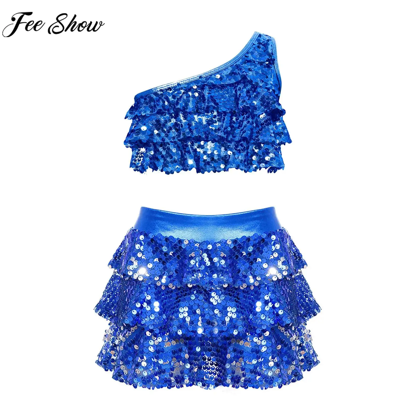 Children Girls Jazz Dance Outfit Shiny Sequin Tiered One Shoulder Crop Top with Pantskirt for Carnival Party Stage Performance