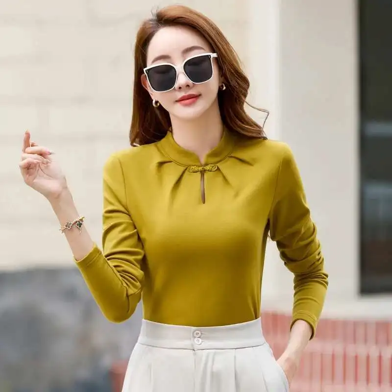 #0612 Autumn Winter Vintage Short T Shirt Women Stand Collar Hollow Out Chinese Style Long Sleeve T Shirt Thick Warm Solid Color