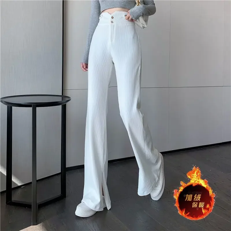 

Autumn Winter Women Splicing High Waisted Flare Pants Y2k Button Pocket Black White Streetwear Fleece Clothing Trend Trouser New