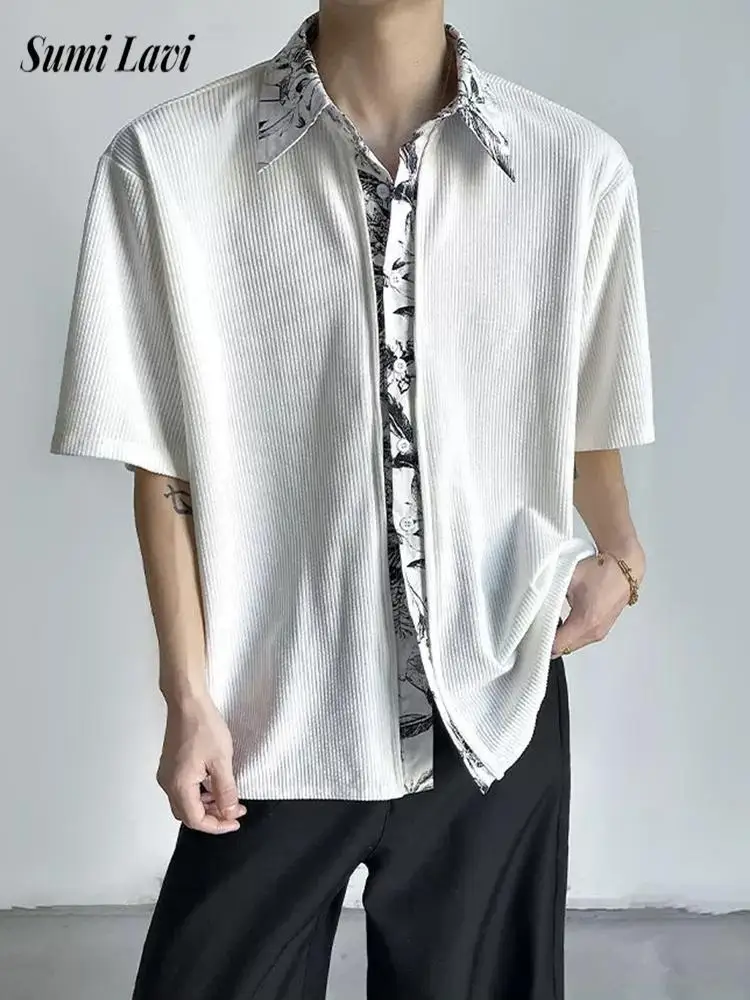 

Fashion Mens Short Sleeve Texture Shirts Vintage Buttoned Lapel Slim Shirt Tops Men Sumemr Stylish Florals Print Patchwork Shirt