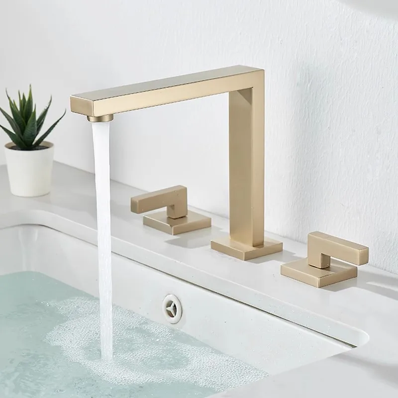 Brushed Gold Bathroom Faucet Black Basin Sink Faucet Mixer Tap Widespread Black Wash Basin Faucet 3 Hole Chrome Lavatory Faucet