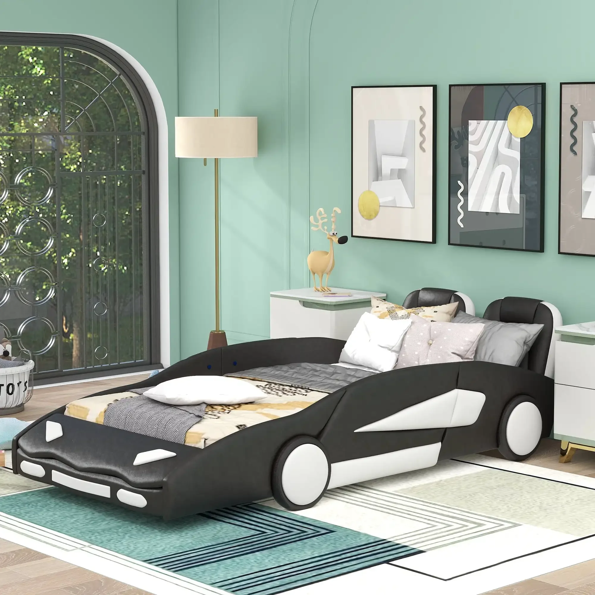 Modern Wood Race Car-Shaped Twin Platform Bed for Kids’ Bedroom Upholstery PU Leather Car Bed for Kids Gift Black Racing double