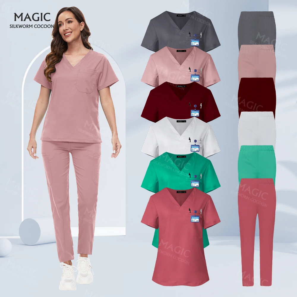 

Scrub Uniform Suit Short Sleeve V-neck Hospital Tops+Pant Set Nursing Uniform Women Multicolor Pet Doctor Scrub Medical Workwear