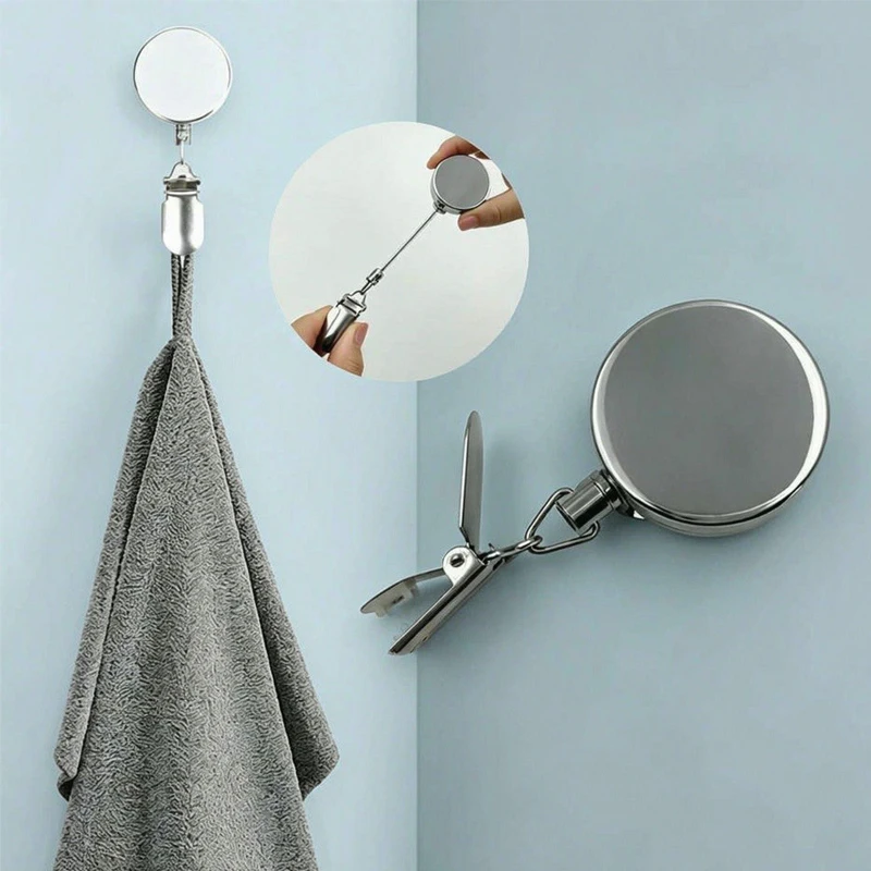 1Pc Automatic Retractable Towel Rack No Punching Self-adhesive Wall Hanging Towel Holder Automatic Rebound with Strong Clip