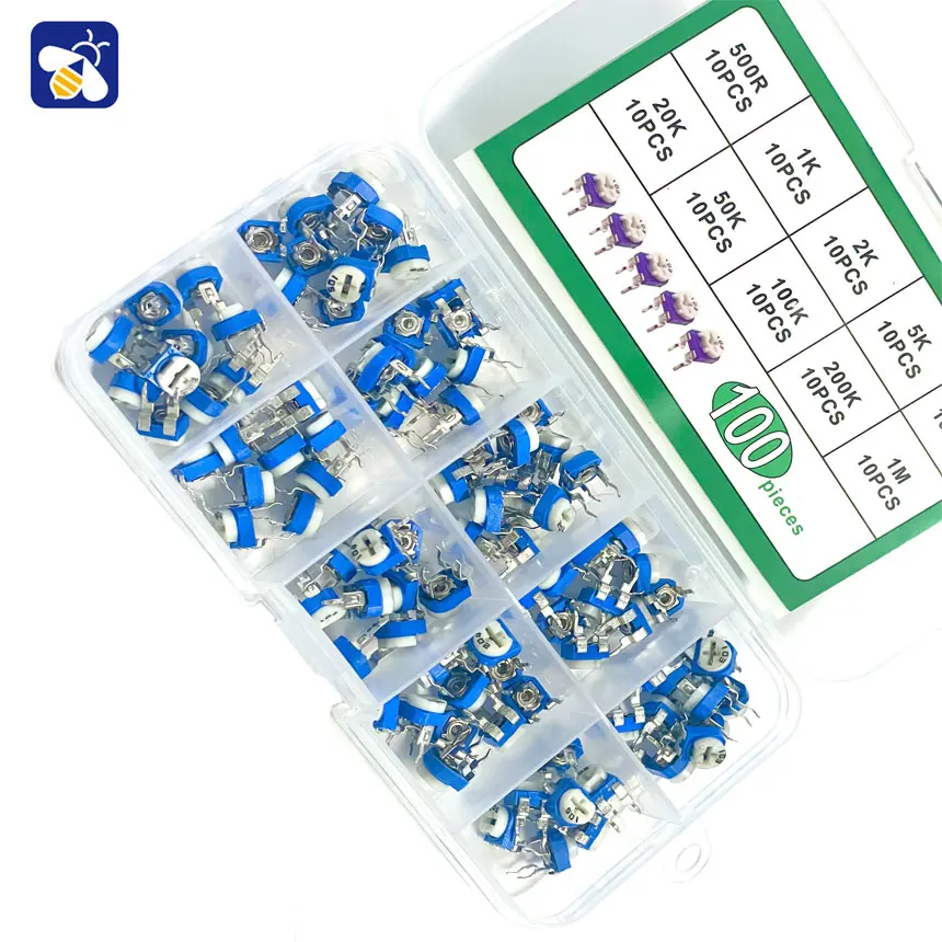 10 soorten verstelbare weerstanden potentiometroRM065 variabele 1K2K5K10K50K100K500K ohm 1M horizontale blauw en witte potentiometer