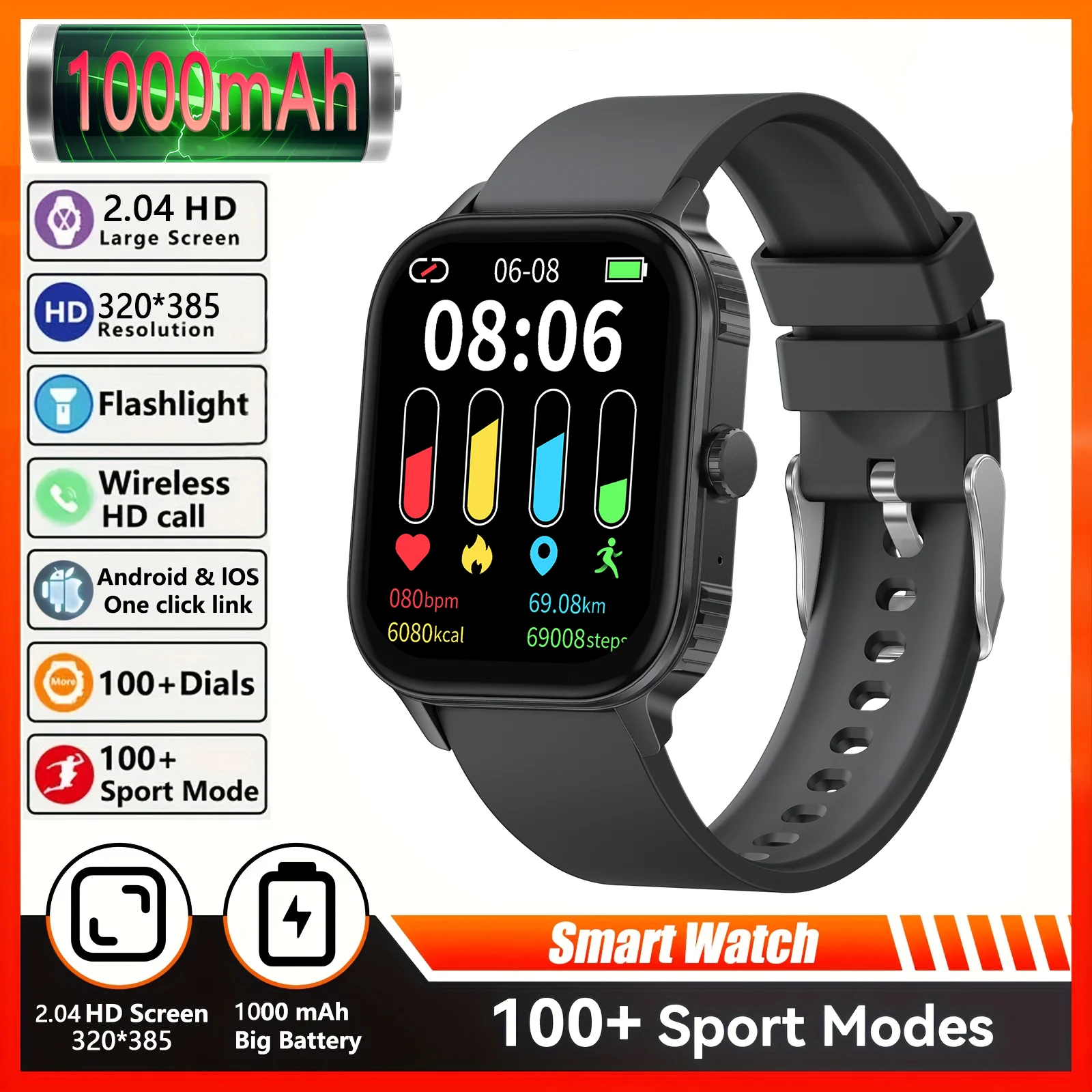 

Новые умные часы с аккумулятором 1000 мАч, Bluetooth-вызовы, 2,04-дюймовый HD-экран, трекер сердечного ритма, водонепроницаемые, спортивные режимы, для Android и iOS