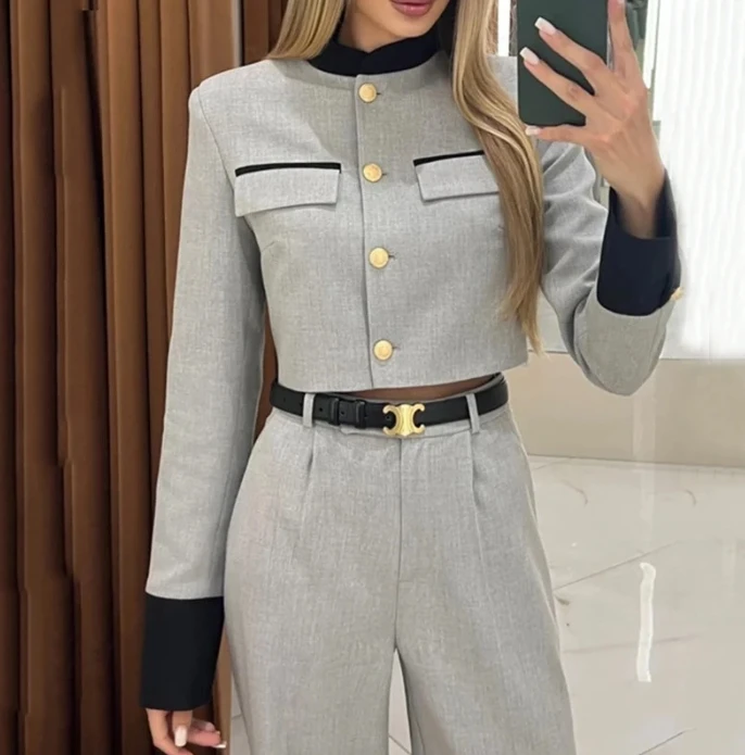 Two Piece Set for Women Autumn Office Long Sleeve Breasted Short Coats Casual Solid Color Straight Trouser Pants Suit with Belt