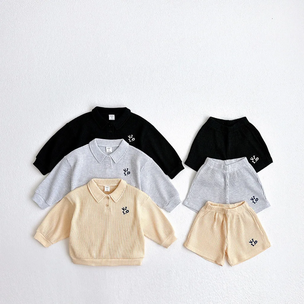 

2024 Spring New Children Long Sleeve Clothes Set Baby Boys Girls Lapel Letter Sweatshirt + Shorts 2pcs Suit Kids Casual Outfits