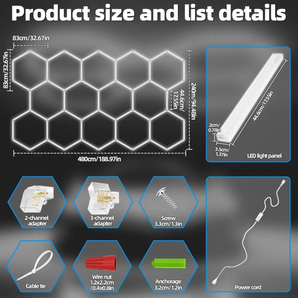 

Hexagon Garage Lights, 3/5/8/11/14 Grids Hexagon LED Lights, 6500K Honeycomb Light for Gaming Room, Gym, Garage