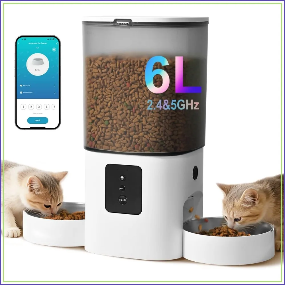Automatic Cat Feeder, 6L WiFi Pet Food Dispenser with Voice Recorder, Double Bowl, Up to 10 Meals/Day, Dry Food Sealed Ring