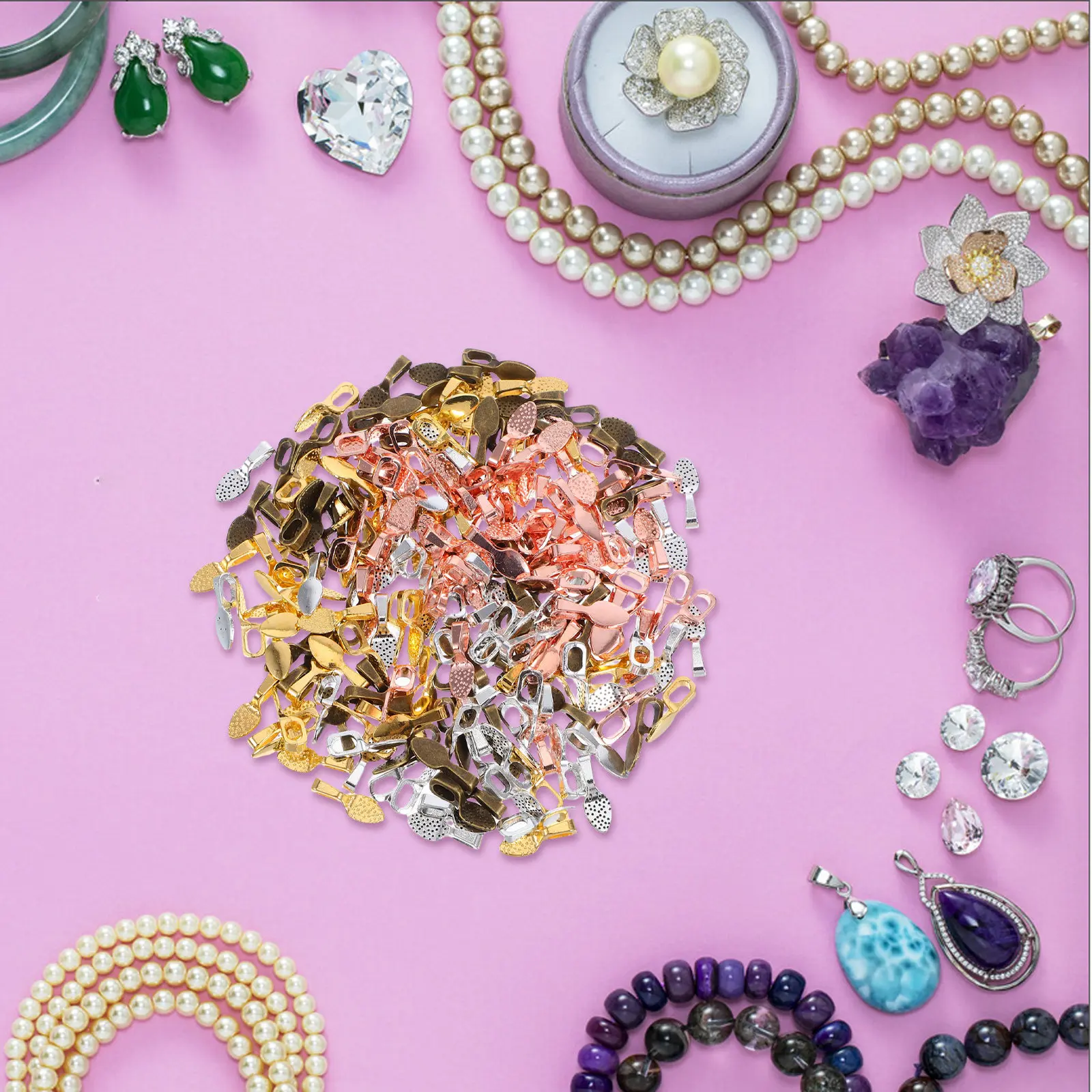 

200Pcs Jewelry Pendant Bail Connectors Glue on Round Oval Flat Metal Findings for Jewelry Making Pendants Necklace Earring Charm