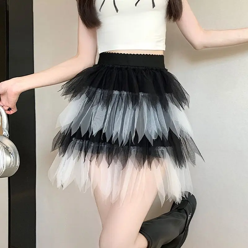 

Skirt Irregular Gauze High Waist Slimming Color Matching Skirt Women 2024 Summer New Cake Super Fairy Mesh Skirt