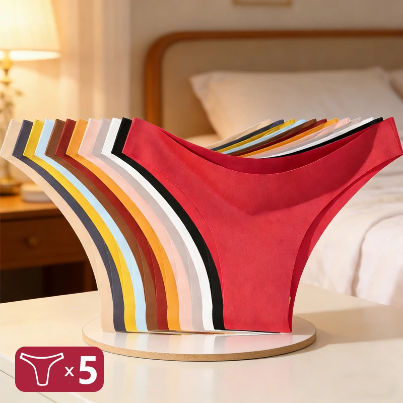 FINETOO 5 Stück/Set Eisseide Nahtlose Slips für Damen, Nahtlose Brasilianische Höschen mit Niedriger Taille, Einfarbige Atmungsaktive Unterwäsche