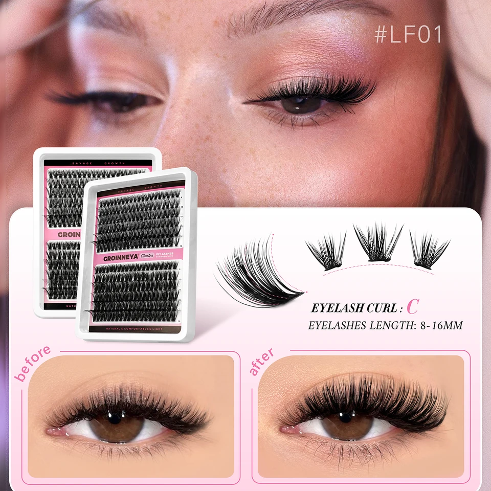 Kit de pestañas postizas DIY GROINNEYA, pestañas individuales de alta capacidad, mezcla de volumen en bandeja, set de 60P+80P para maquillaje 3