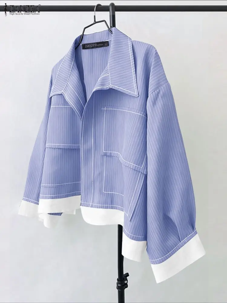 ZANZEA Women Korean Autumn Shirts 2025 Long Sleeve Striped Patchwork Blouse Fashion Tops Tunic Pockets Office Blusas Femininas