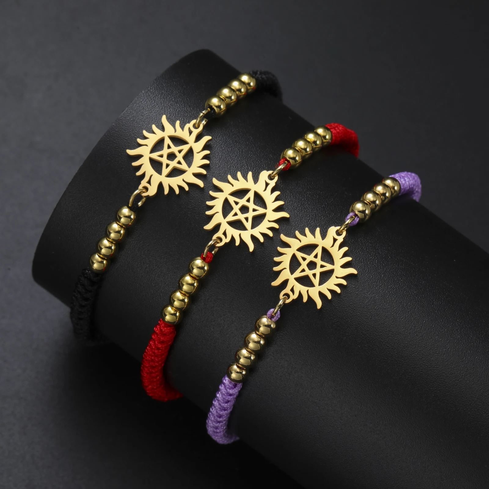 LIKGREAT السحر الخماسي سوار الشمس الخماسي أساور المنسوجة سلسلة قابل للتعديل الفولاذ المقاوم للصدأ الويكا باقان ستار مجوهرات