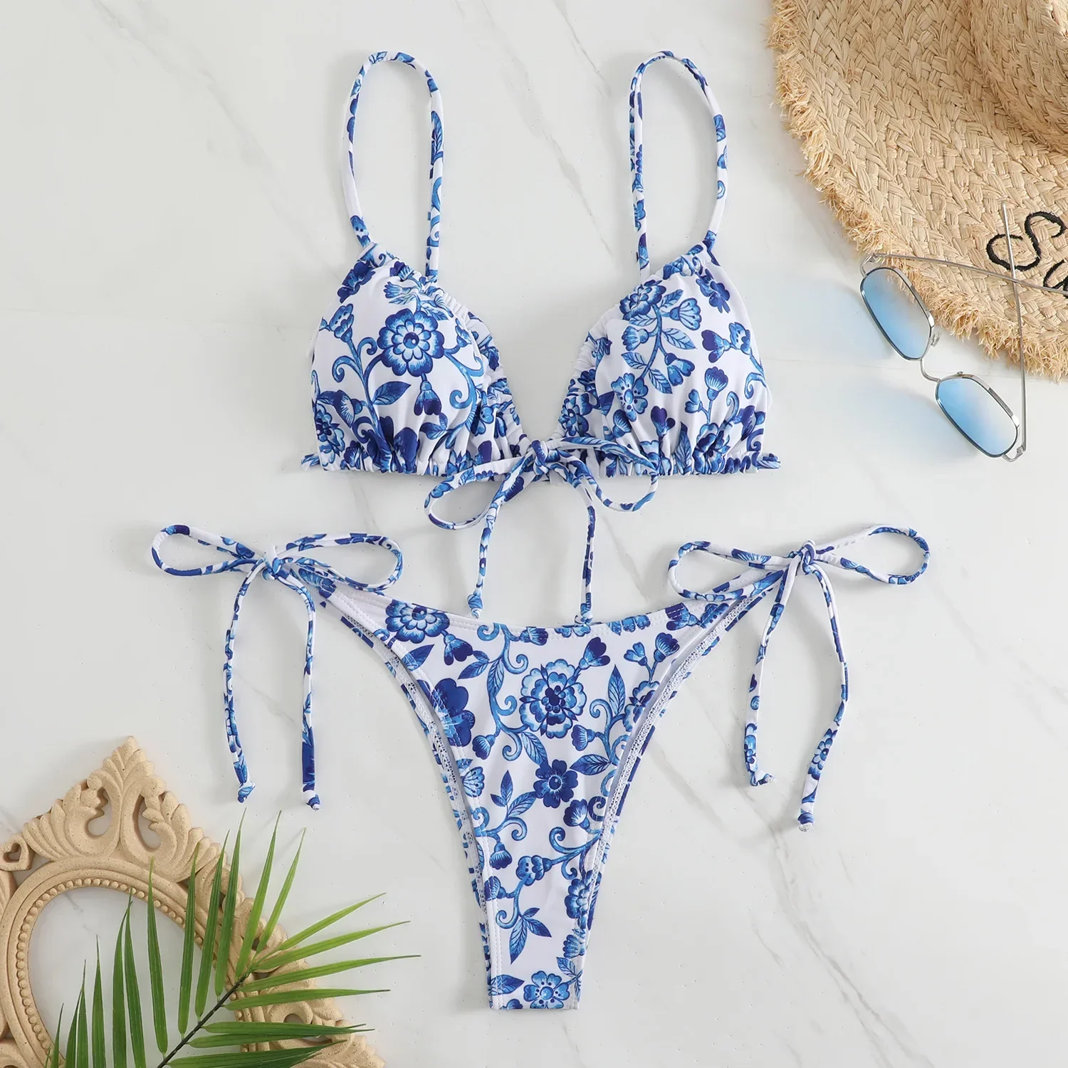 sexy floral print micro bikini blue and white porcelain bikini swimwear swimsuit women biquini thong bikini set bathing suits