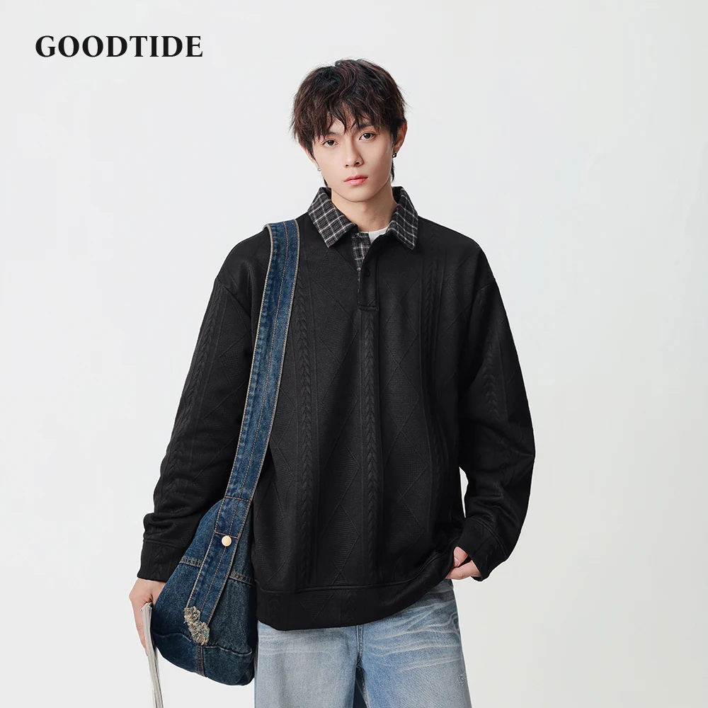 

Men's Casual Long Sleeve Polo Shirt 2025 New Plaid Collar Textured Pattern Design Loose Fit Fashion Autumn Winter Daily Wear Top