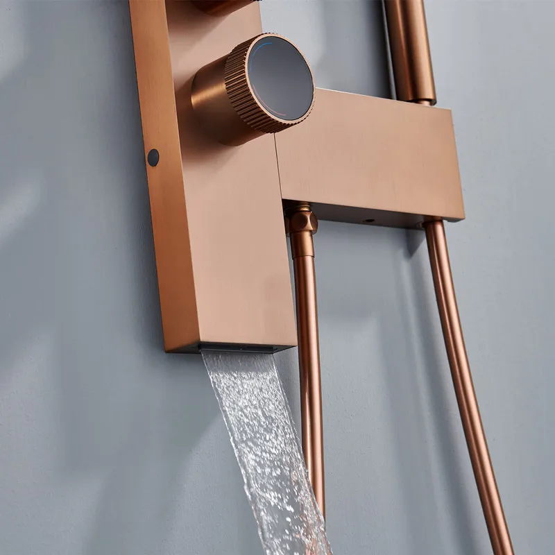 2026 Hot Sale Bathroom Brass Waterfall Rainfall Thermostatic Triple Handle Brushed Shower Set Slide Bar Panel Wall Mounted view 5