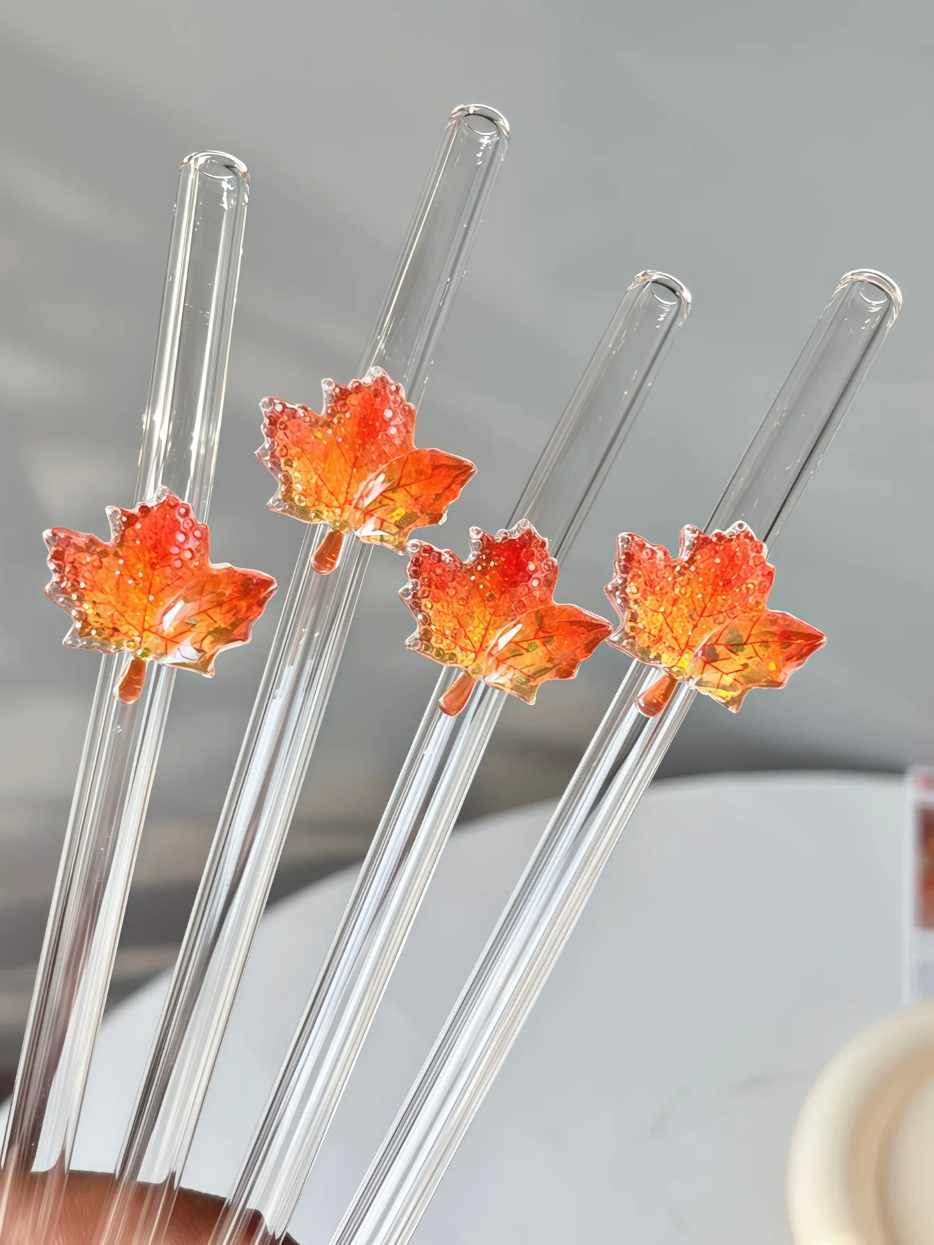 1/3/6PCS Maple Leaf Decor Curved Glass Straw, Reusable Art Drinking Straw for Daily Use & Parties, Perfect for Drinks