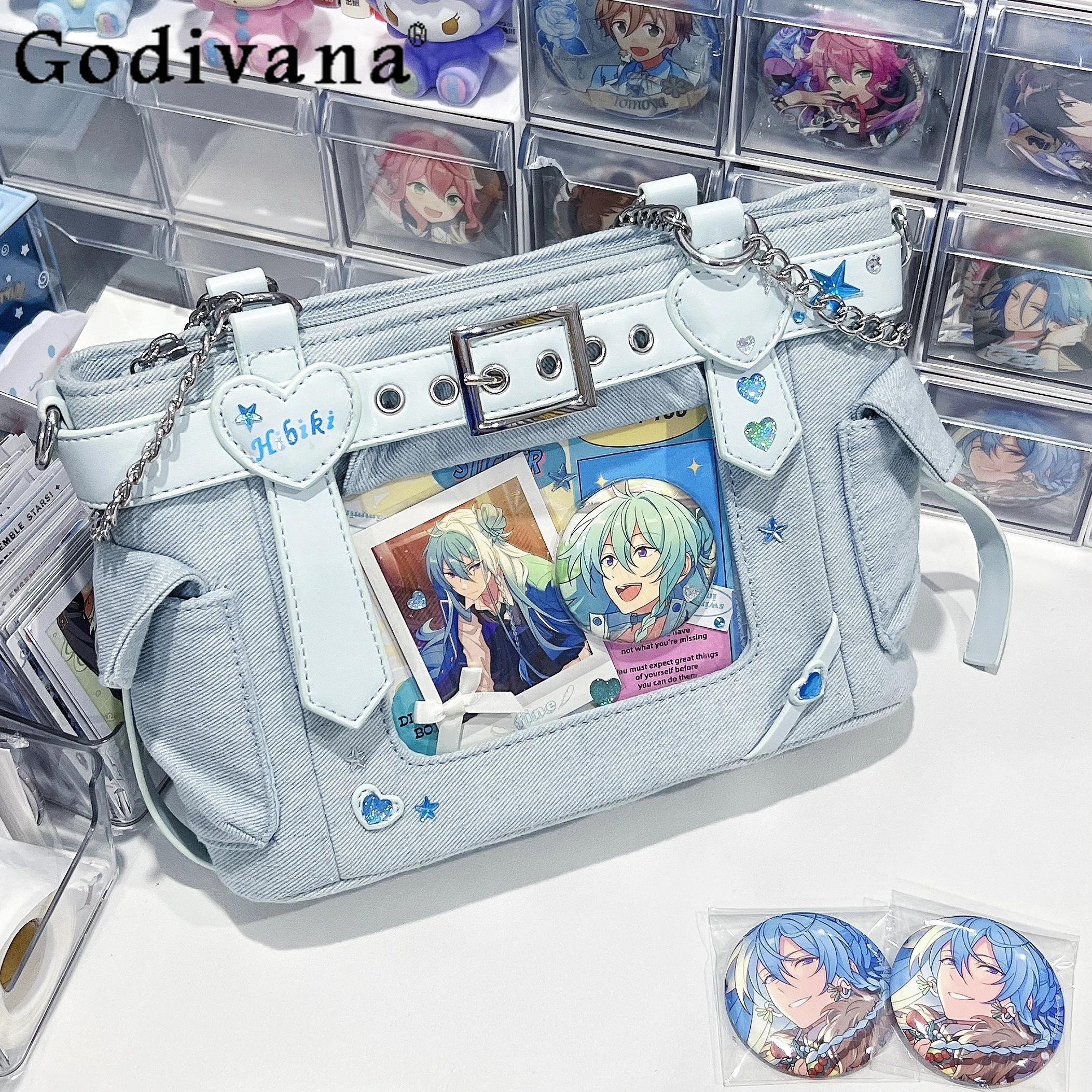

2D японская оригинальная сумка для боли в стиле Лолиты, джинсовая сумка с цепочкой в форме сердца, маленькая вместительная милая крутая универсальная сумка на плечо для девочек JK