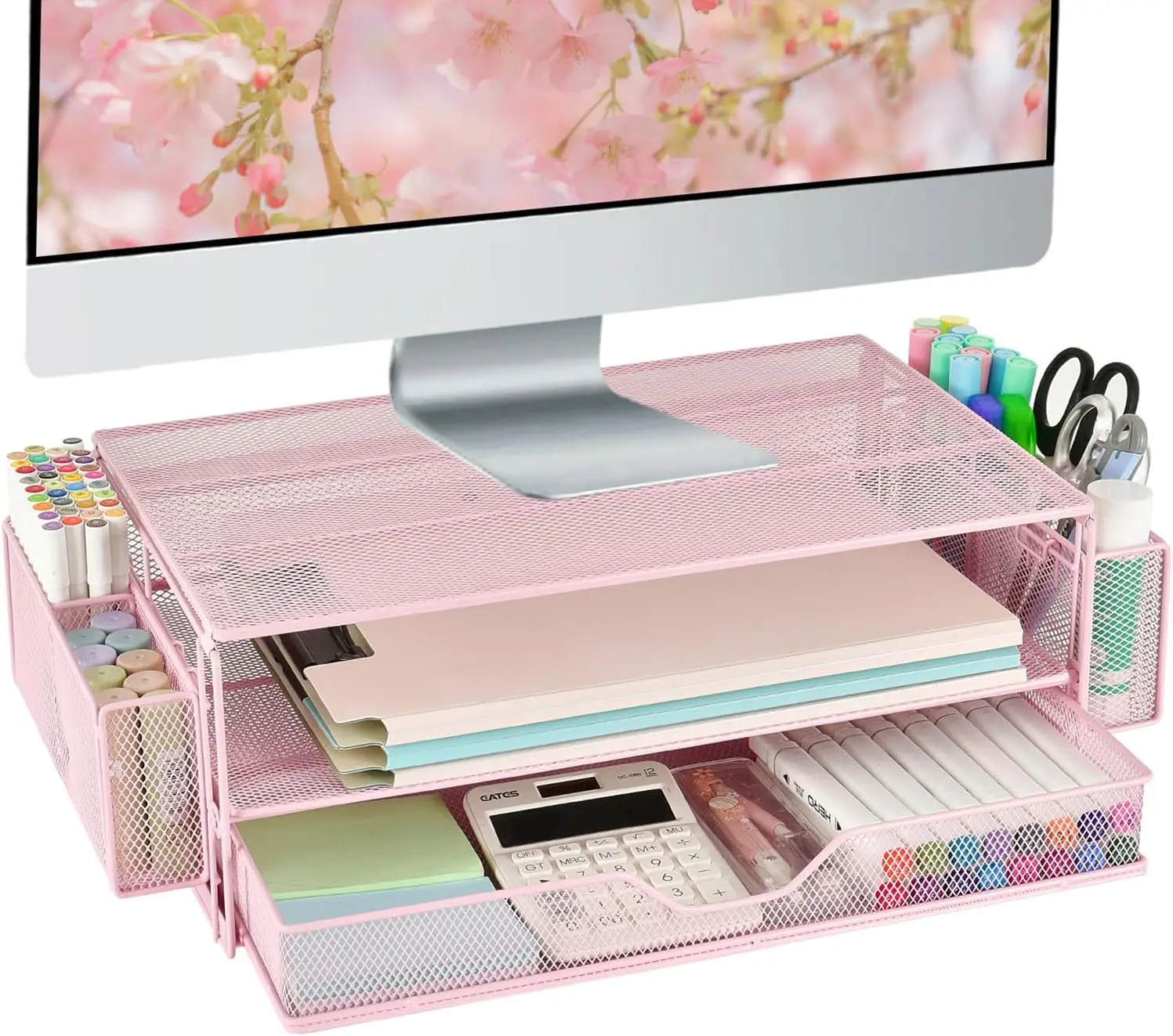 

2-Tier Desk Organizer with Drawers and Pen Holders, Ergonomic Monitor Stand for Office Supplies in Pink