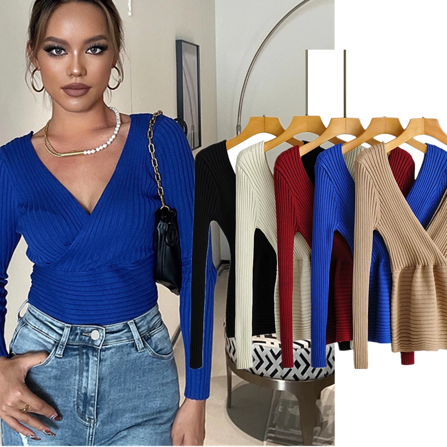 

Withered France Style Ins Fashion Blogger Retro V-neck Long Sleeve Sexy Solid Klein LAN Elegant Rib Knitted T shirt Women