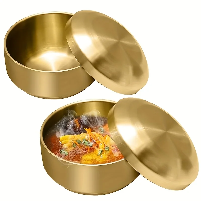 

2pcs Gold Stainless Steel Rice Bowl with Lid, Suitable for Heavy-duty Washable Soup and Snack Bowls in canteen office home