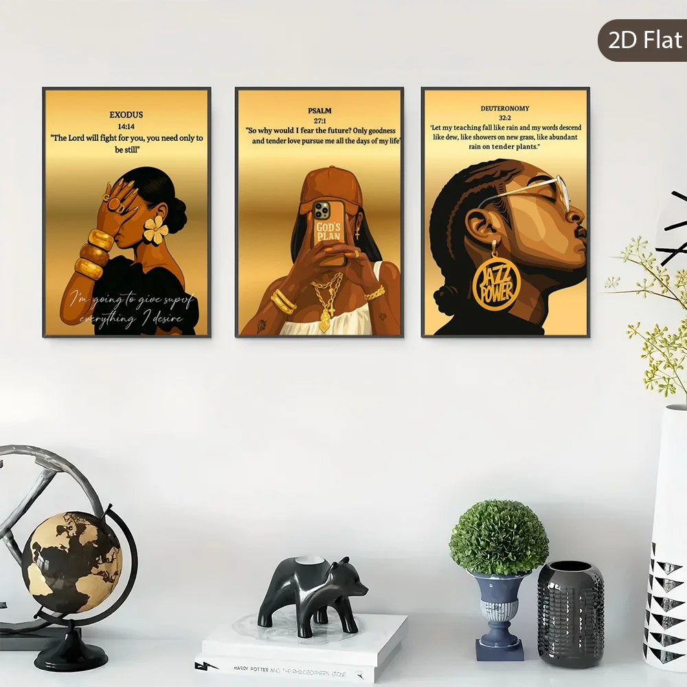 （NoFranme 3PCS）-2D Flat, 3pcs Unframed Pop Women Wall Arts, Golden Canvas Print, Fashion Wall Decor, Quoto Painting Posters,