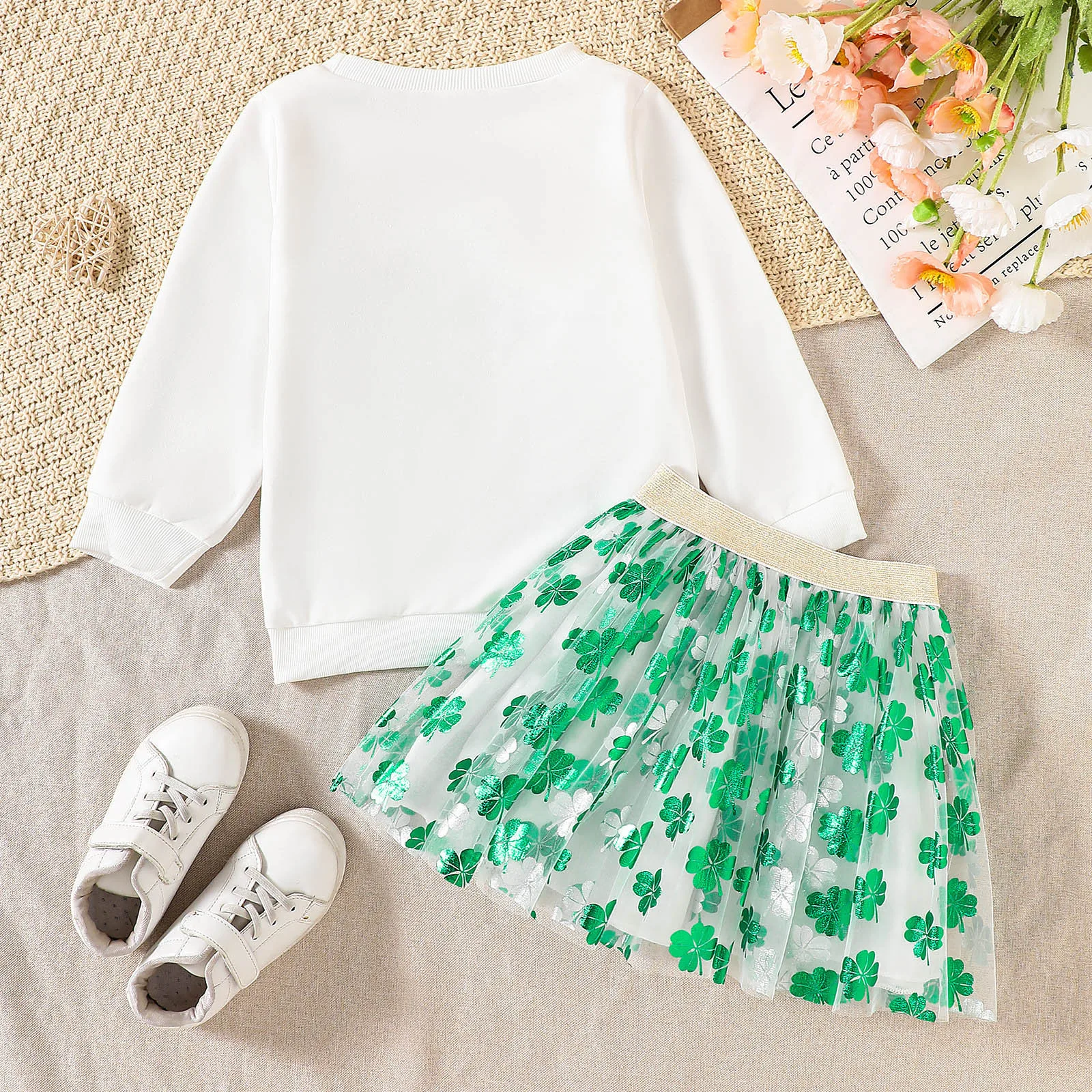 Toddler Girls Ireland Festival Outfits Shamrock Letter Long Sleeve Sweatshirts Tulle Skirts 2Pcs Clothes Set 18M,24M,3Y,4Y,5Y