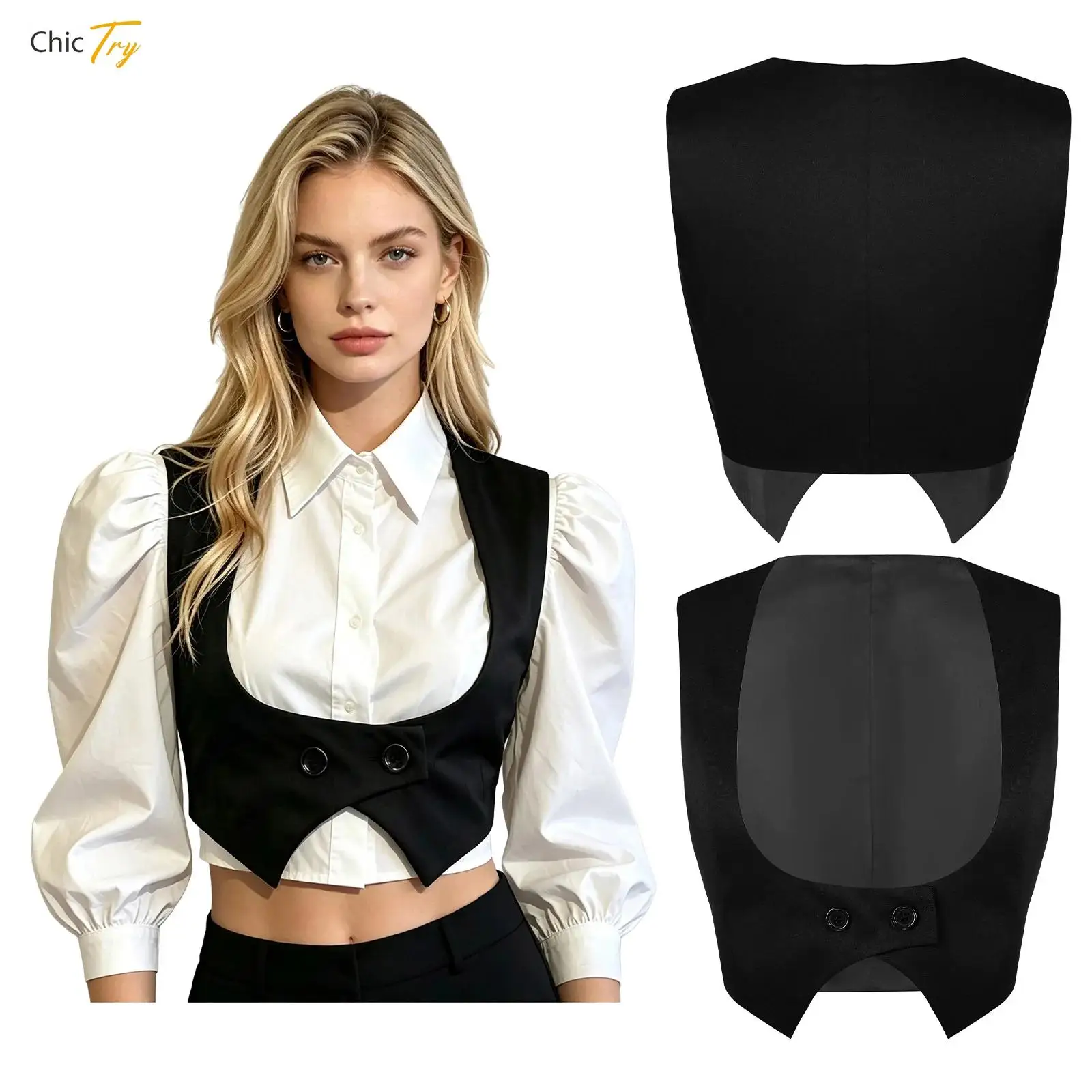 Women's Fashion Sleeveless Cropped Blazer Vests Lady Asymmetrical Formal Suit Vest Office Business Casual Button Waistcoat Tops