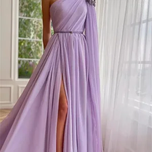 Bella Lavender-Lavender Chiffon Prom, one shoulder, split side, to the floor dressed, dressed in line, 2024 12 Main Sales Dress Lilas For Graduation - №7