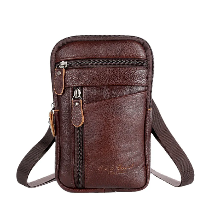 Riñonera Vintage de cuero genuino para hombre, bolsa de teléfono móvil a la moda, cinturón de negocios, bolso de mensajero de hombro de cuero de vaca