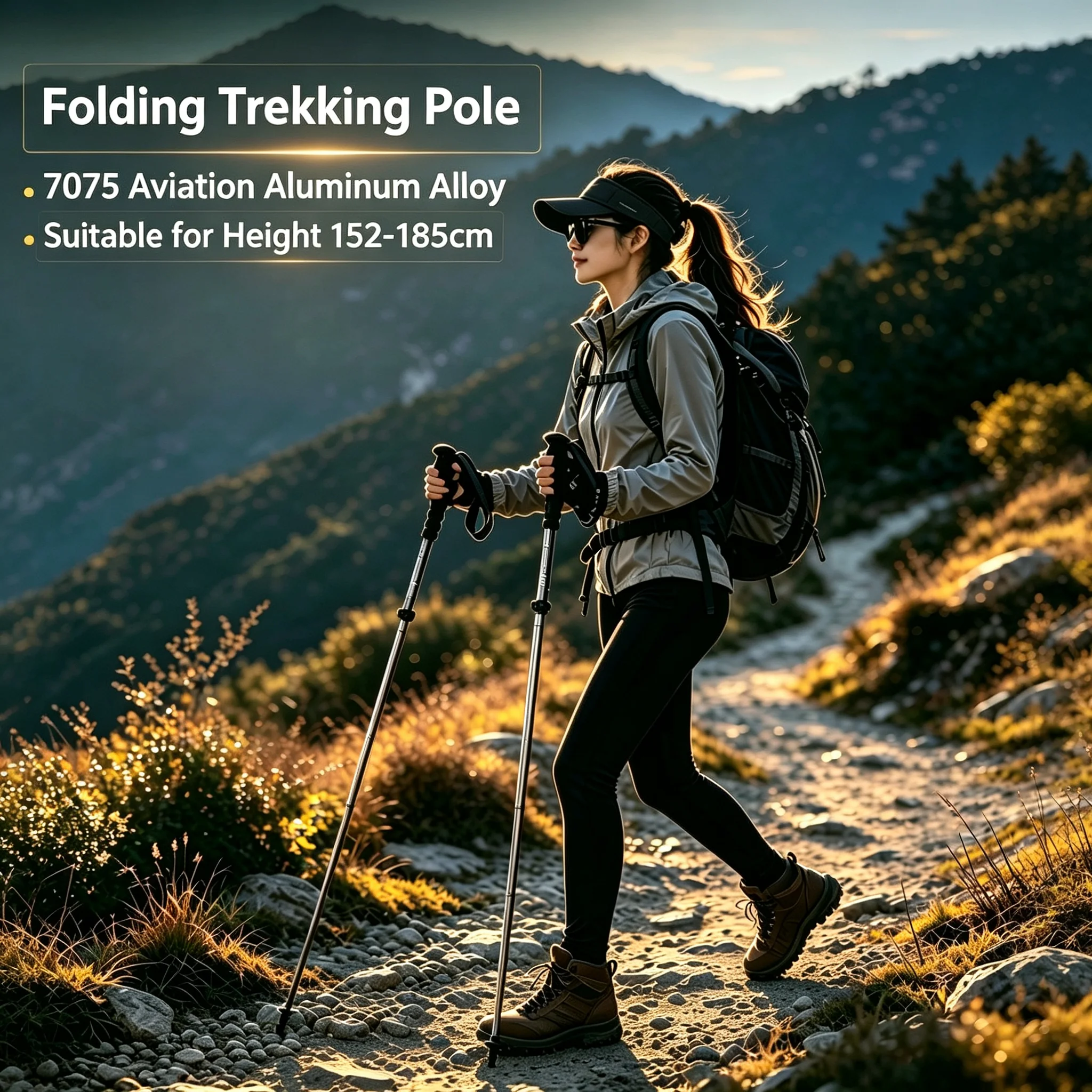 Ultralight Folding Trekking Pole 7075 Aluminum Alloy Adjustable Hiking Walking Stick 29cm Portable for Climbing Camping