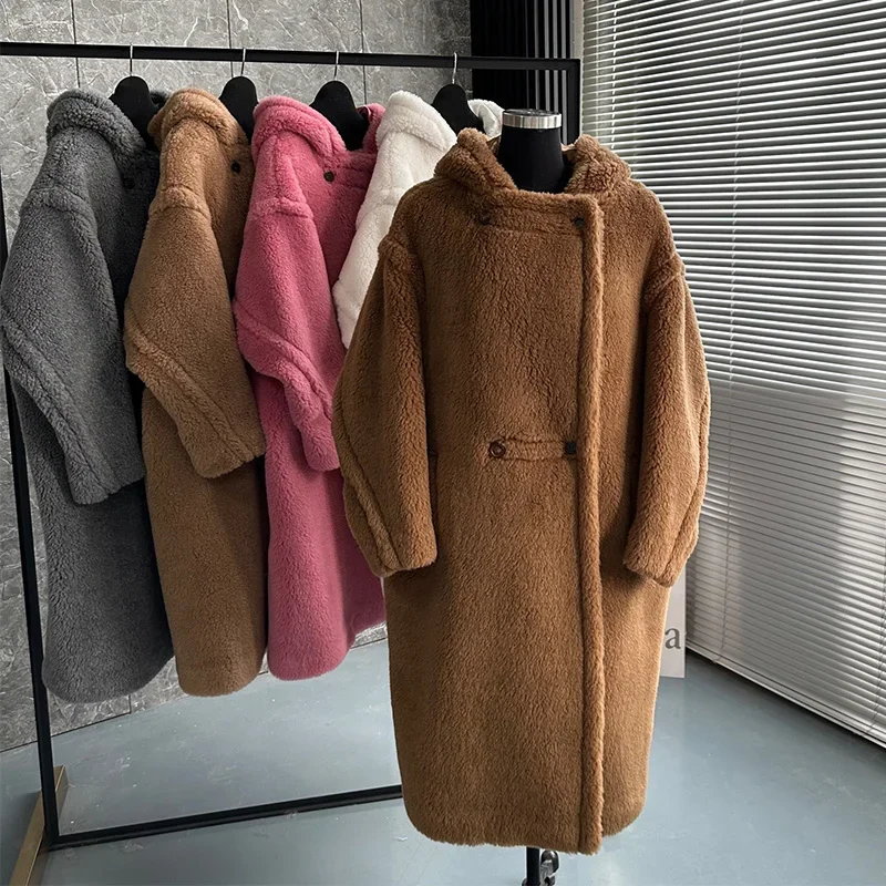 Handmade Hooded Thick Teddy Bear Coat Long Women Loose New Autumn Winter Real Fur Alpaca Wool Silhouette Coat Plus Size Overcoat