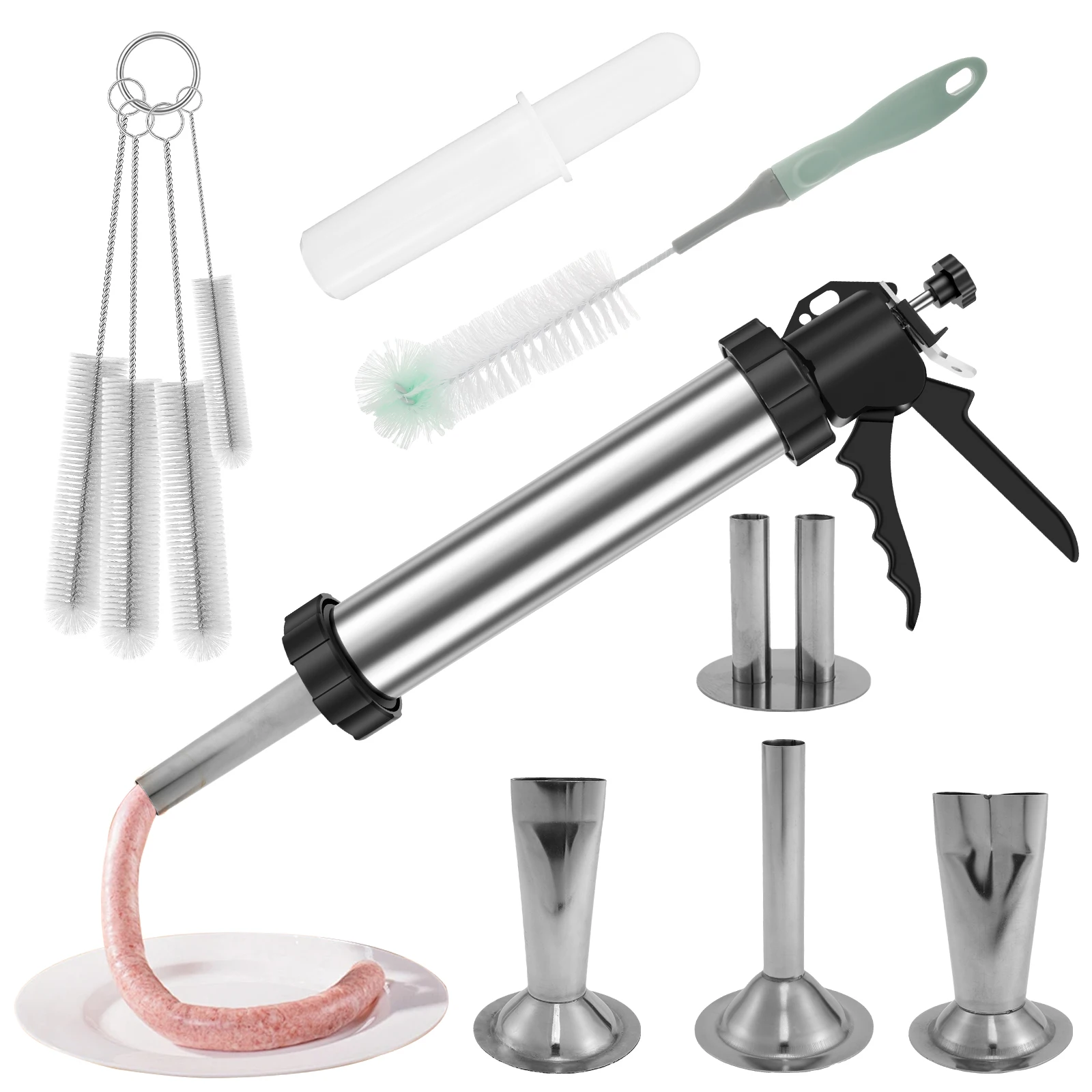 Embutidora de salchichas de acero inoxidable, pistola seca, jeringa de carne Manaul, herramienta de salchichas casera hecha en casa para el hogar, Kit de relleno de carne seca de cocina