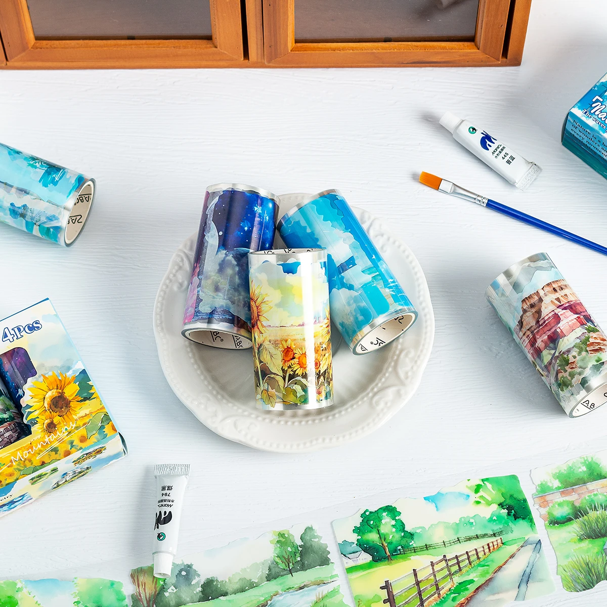 

4 Rolls Transparent PET Tape Set,Nature Landscape Scenic Design,DIY Scrapbooking Journaling Supplies,Decorative Craft Tape Gift